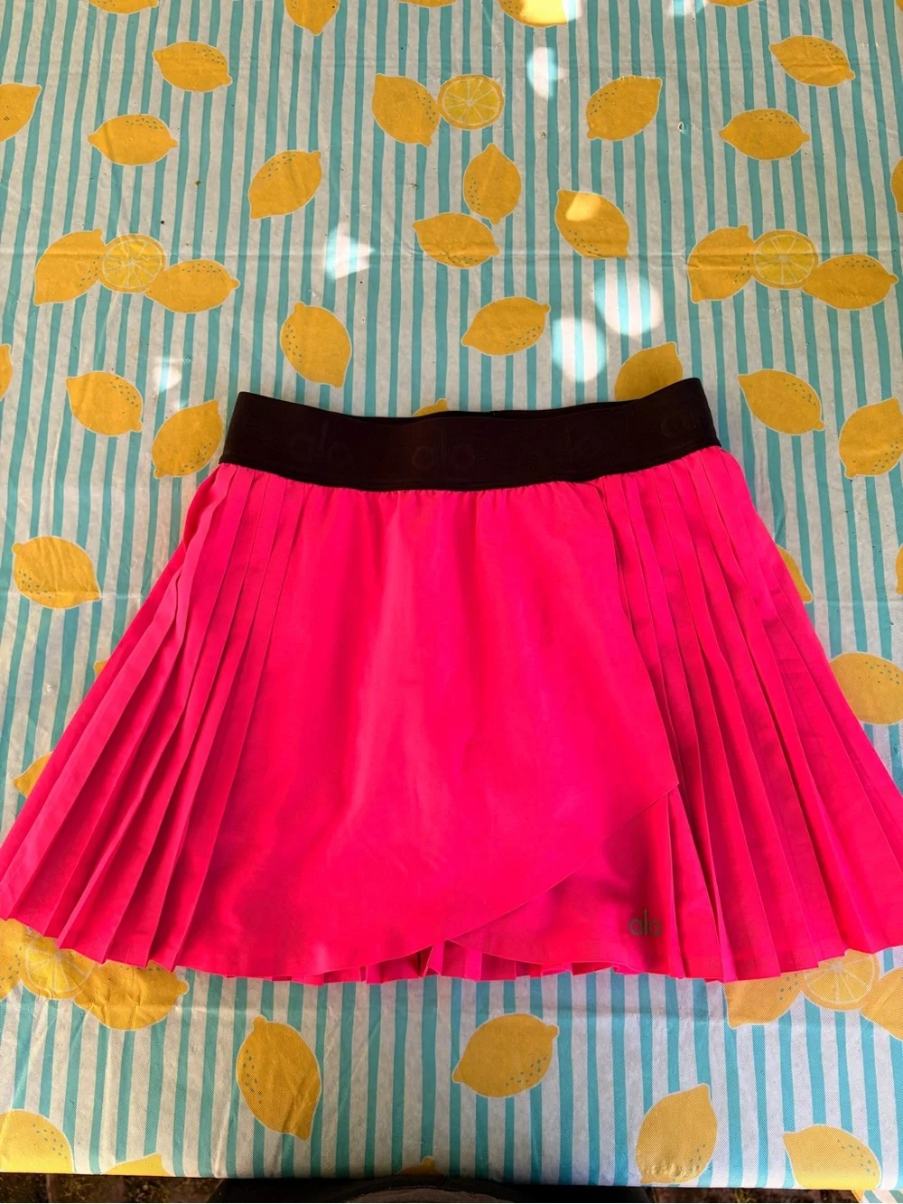 ALO Yoga Hot Pink Pleated Skater Skirt with Black Waistband